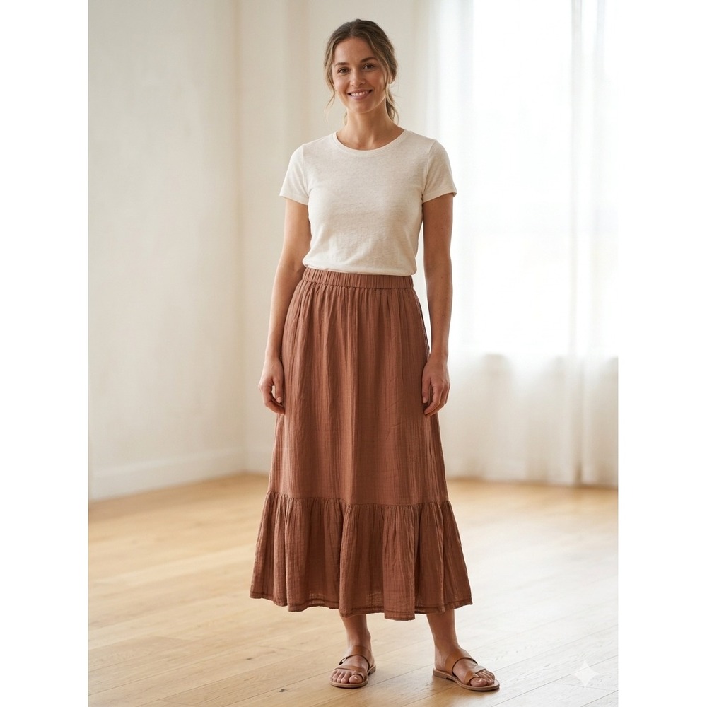 LILLA P Double Gauze Skirt Terracotta Brown Organic Cotton Midi Tiered XS